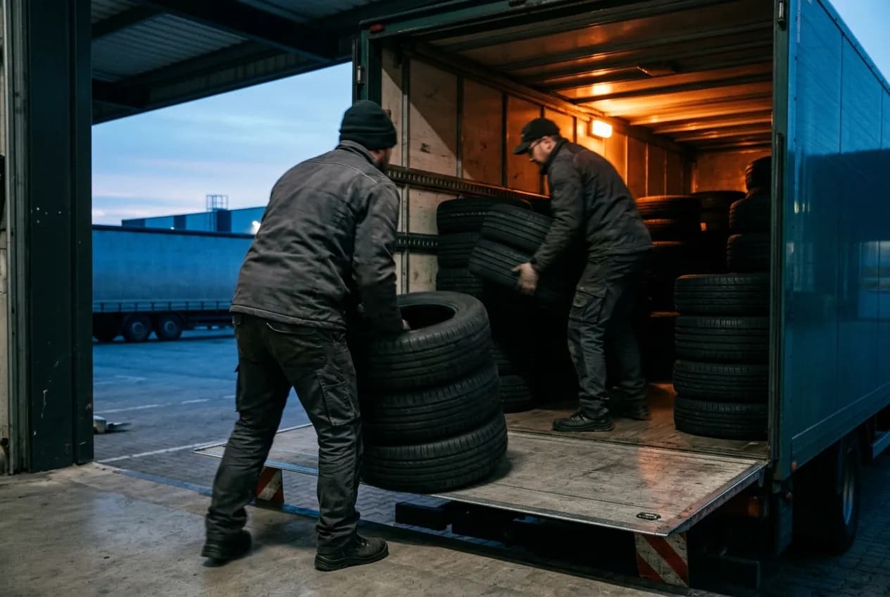 Workers loading new tyres into a delivery truck at a warehouse dock