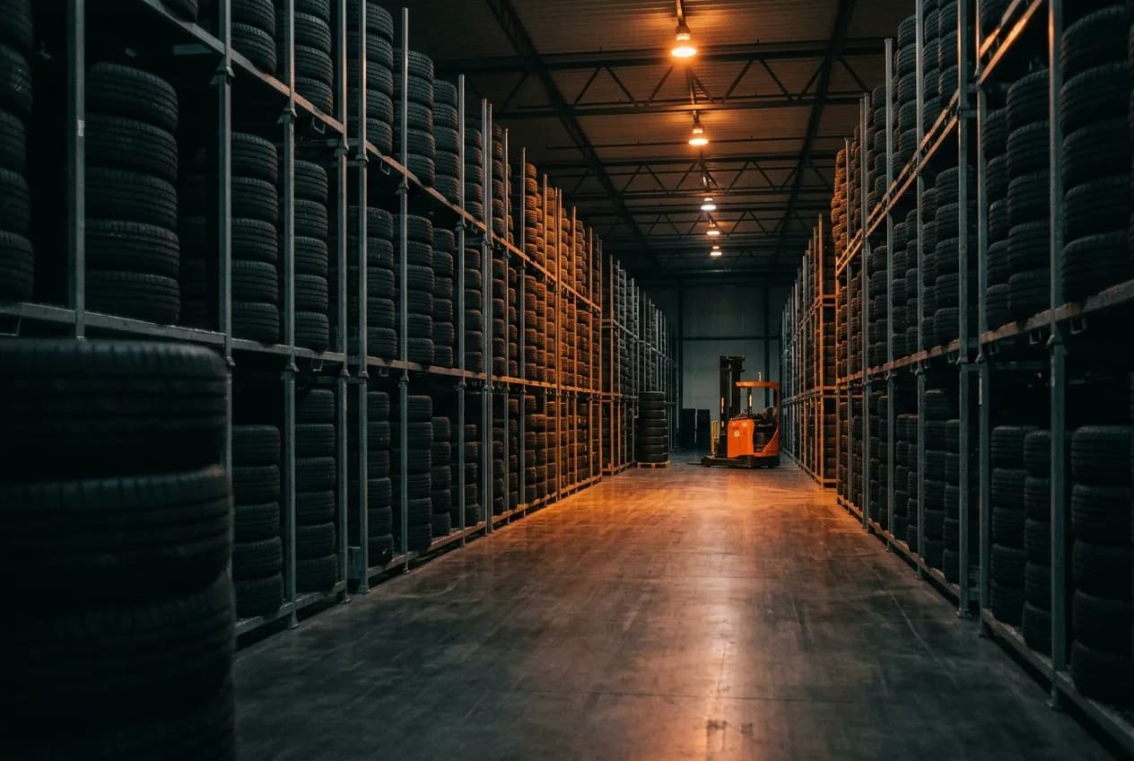 A long warehouse aisle with new tyres racked to the ceiling