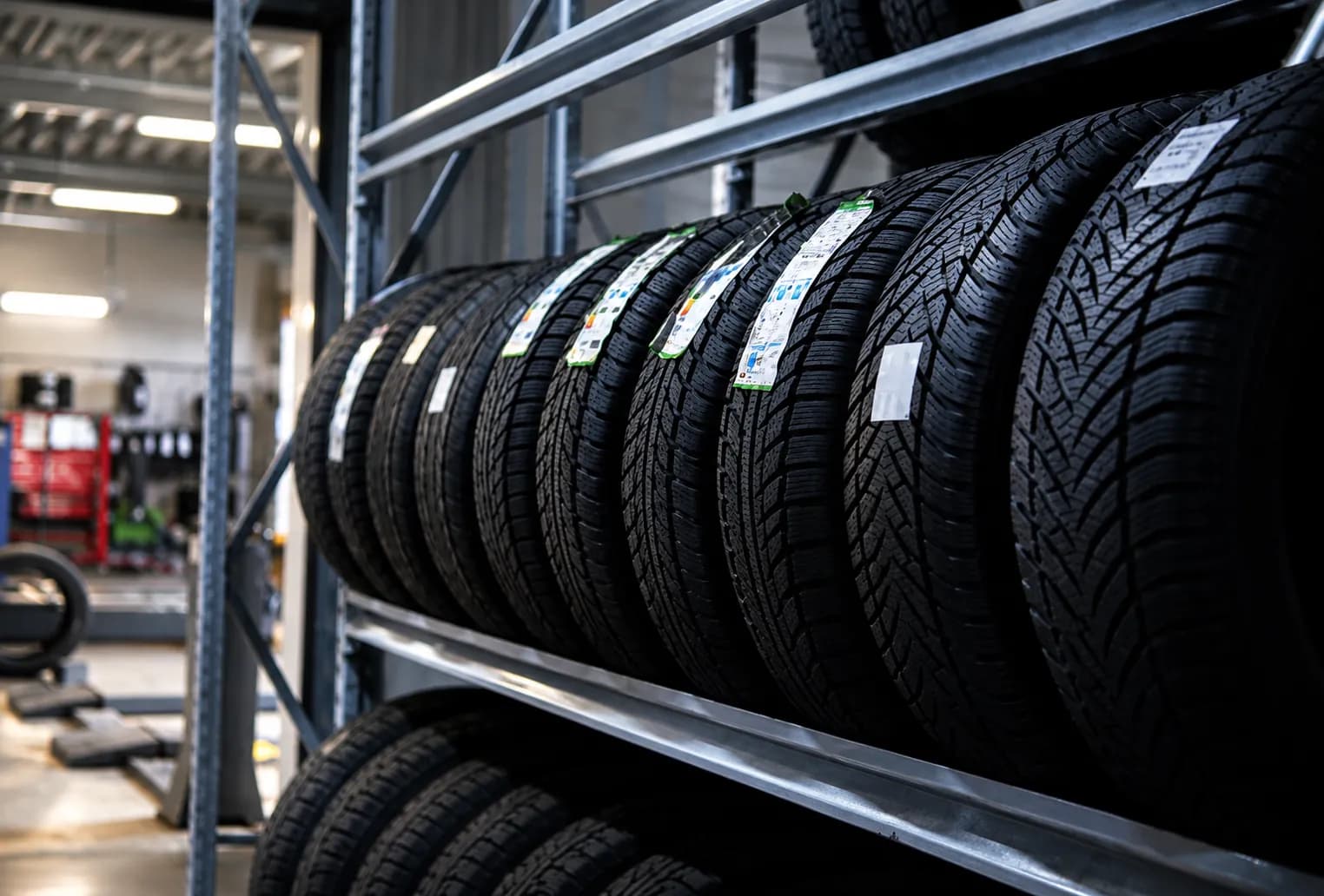 New tyres with labels on a steel rack in a modern workshop