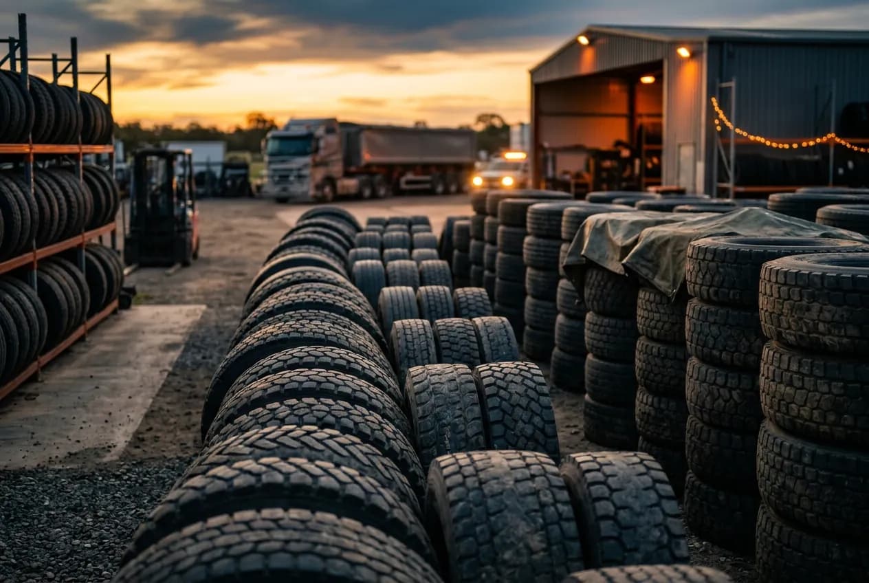 A delivery of new truck tyres stacked in a yard